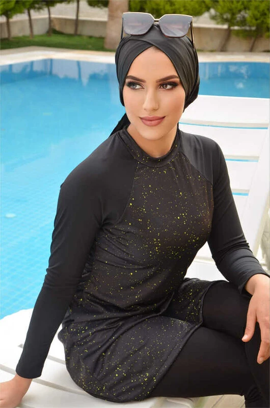 - Siyah Damla Tesettür Mayo ve Bone Takım 48-50 beden