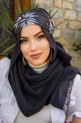 Siyah Desenli Bandana Hijab - 50102 - Thumbnail