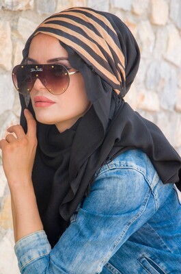 Aişe Tesettür - Siyah Gold Zebra Bandana Hijab - 50102