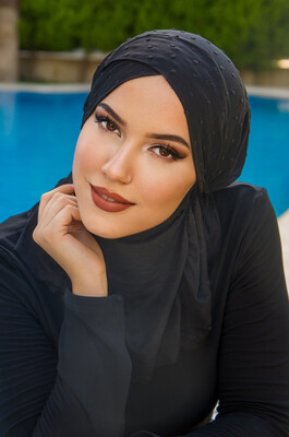 Aişe Tesettür - Siyah Hijab Çapraz Bantlı Havuz ve Deniz Bonesi