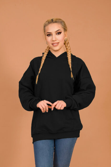 Siyah Kapüşonlu Oversize Sweatshirt