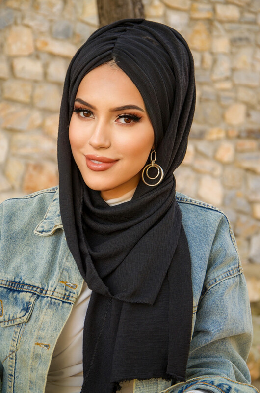 Siyah Kelebek Model Büzgülü Bone Şal - Thumbnail