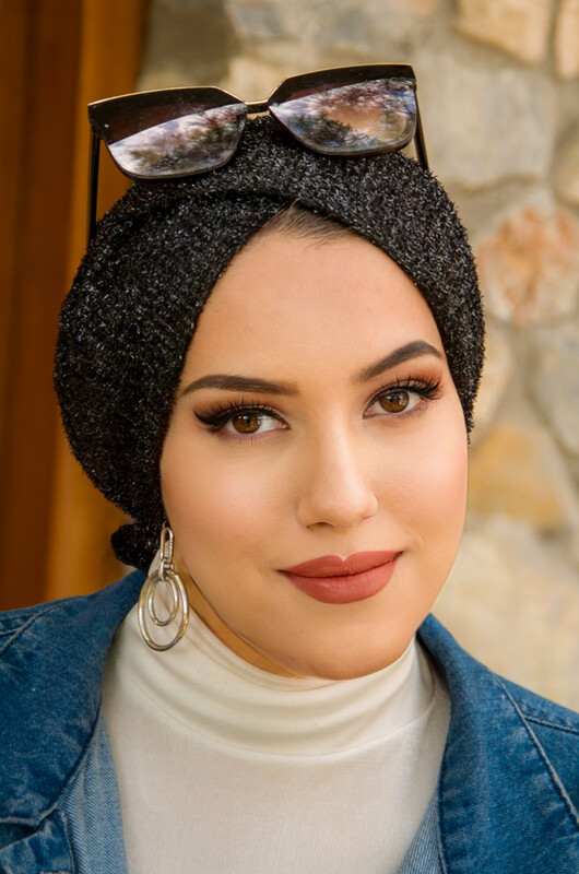 Siyah Kırçıllı Abiye Hazır Çapraz Bone - Thumbnail