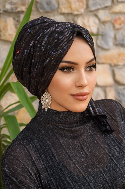 Siyah Payet İşleme Abiye Tokalı Bone - Thumbnail