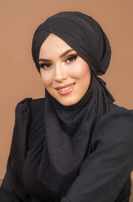 Siyah Ponpon Çapraz Bantlı Medium Size Hijab - Hazır Şal - Thumbnail