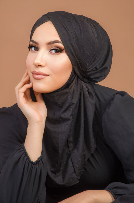 Siyah Ponpon Çapraz Bantlı Medium Size Hijab - Hazır Şal