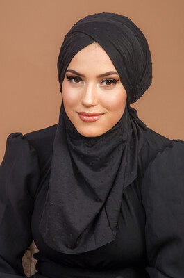 Siyah Ponpon Çapraz Bantlı Medium Size Hijab - Hazır Şal - Thumbnail