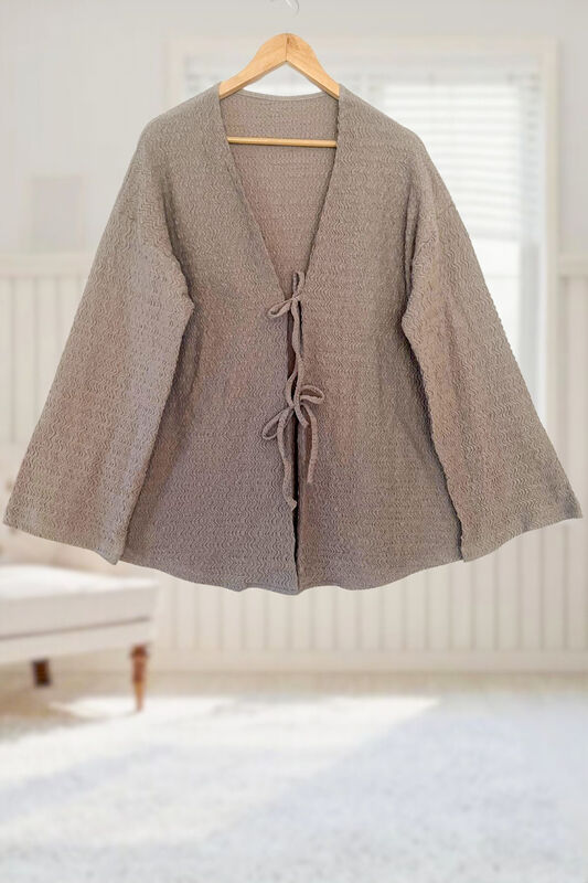 Taş Rengi Önü Bağlamalı Kimono Tunik / Likralı Ütü İstemez Kumaş